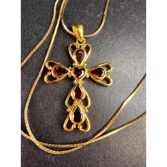 Vintage SETA Garnet Cross Pendant Necklace Gold Tone 24” - Picture 1 of 13